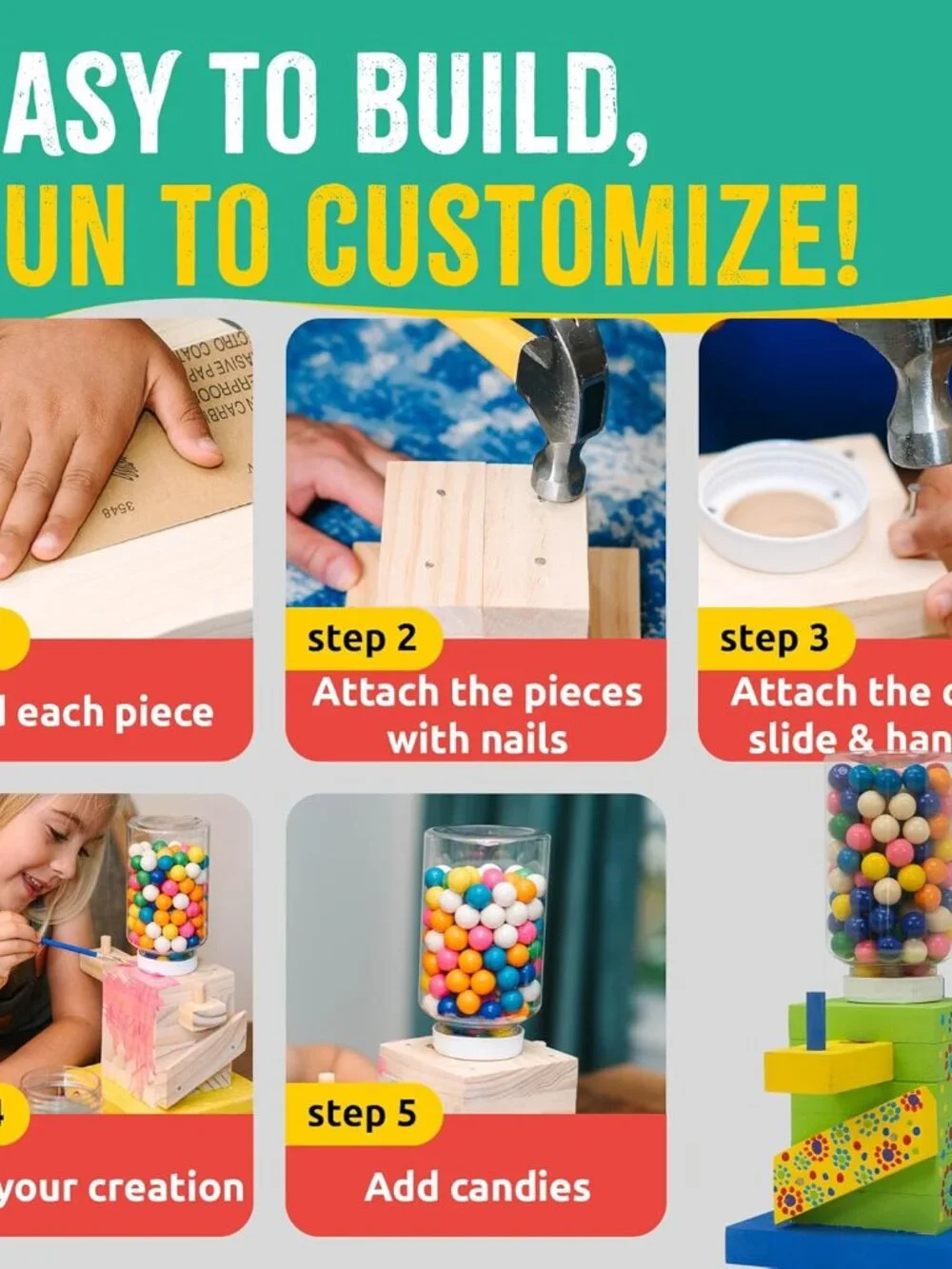 New DIY Wood Building Kit STEM Woodworking Toy for Kids Candy Gumball Dispenser